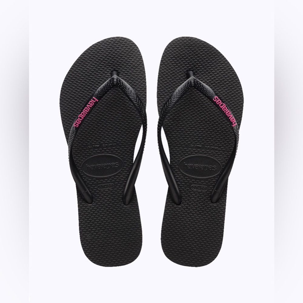 Havaianas Slim Black with Pink Neon Logo Pop Up flip flop Sandals